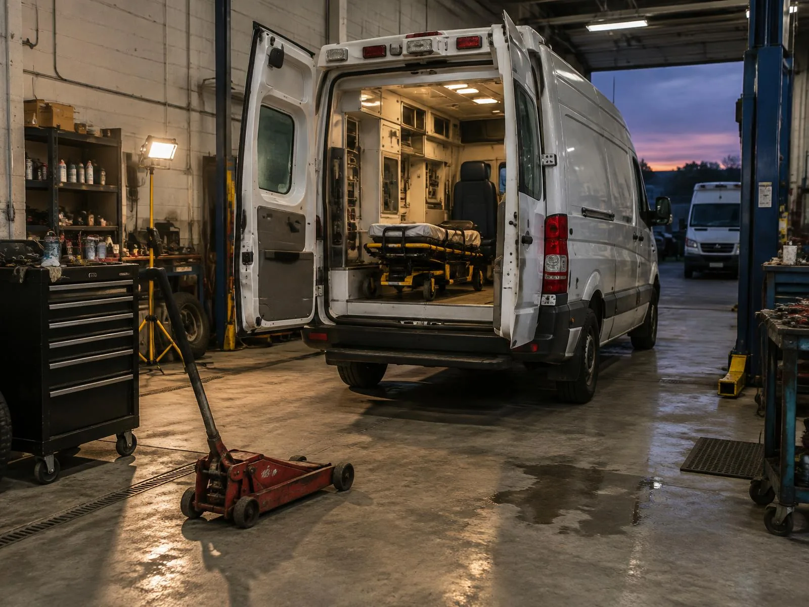 Ambulance en entretien dans l’atelier, brancard et outillage du mécanicien