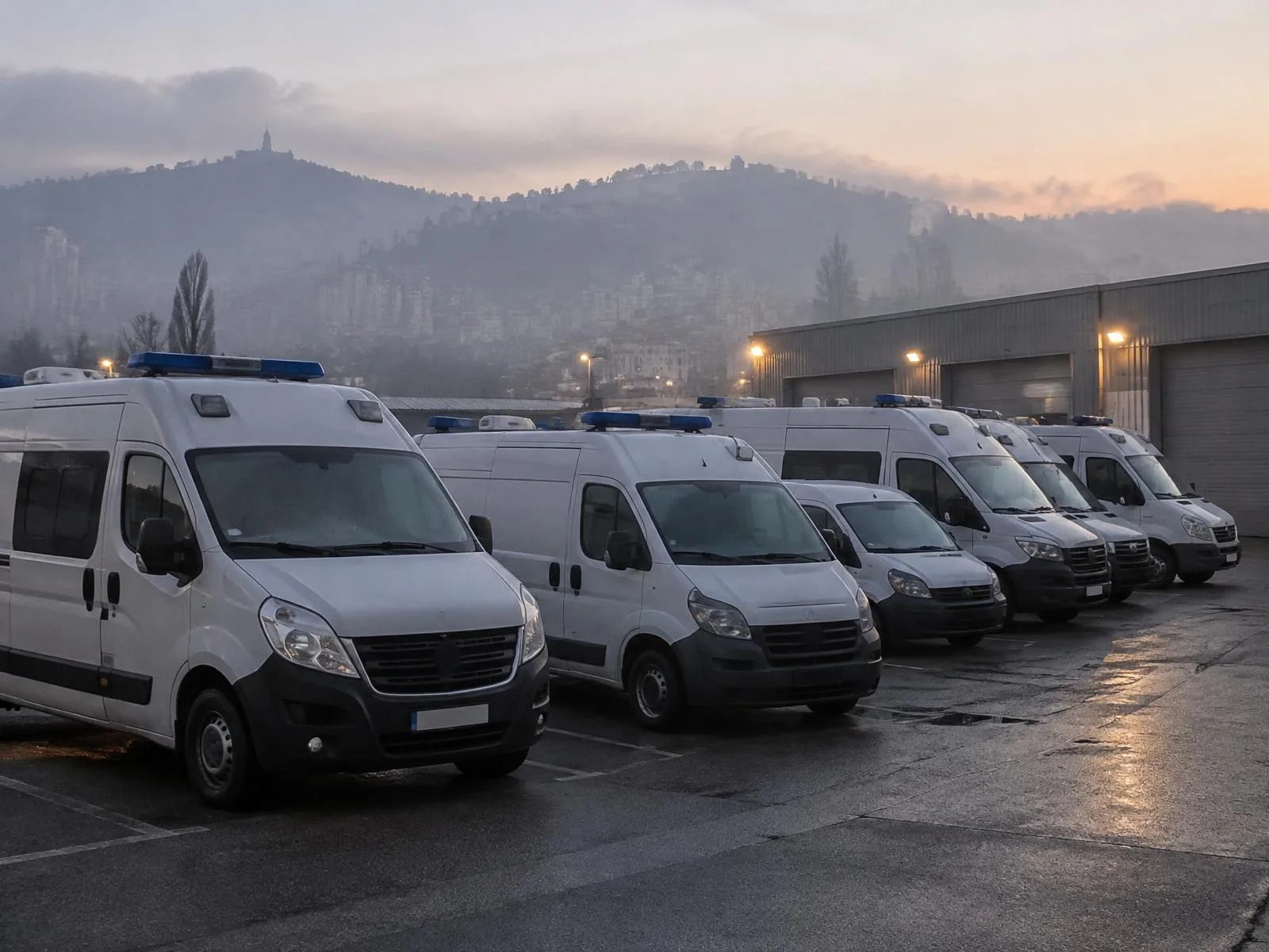 Flotte d’ambulances et de VSL alignée au dépôt à l’aube