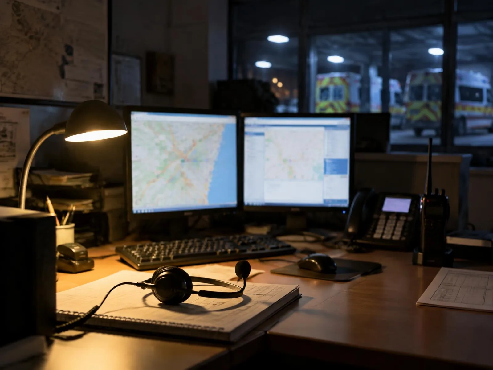 Poste de régulation des Ambulances Davin : casque, radio et cartes à l’écran