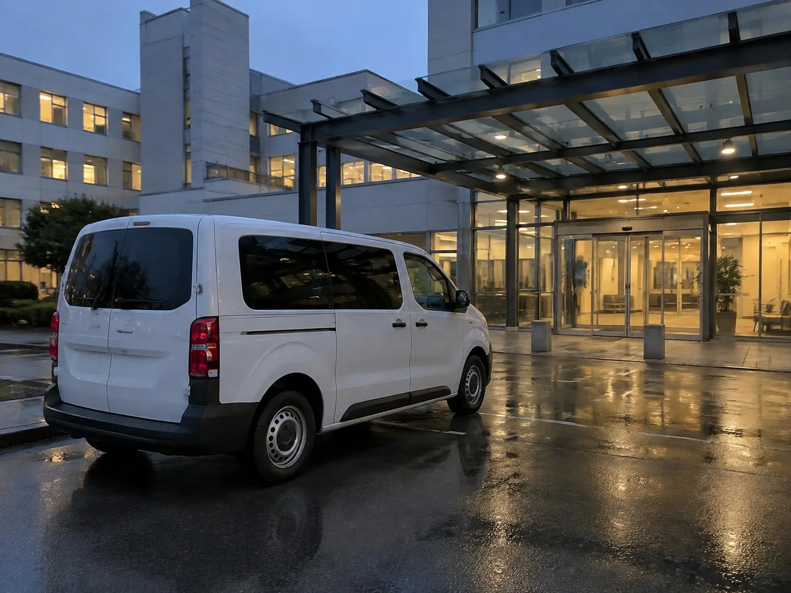 Véhicule sanitaire léger devant l’entrée d’un centre hospitalier à la tombée du jour